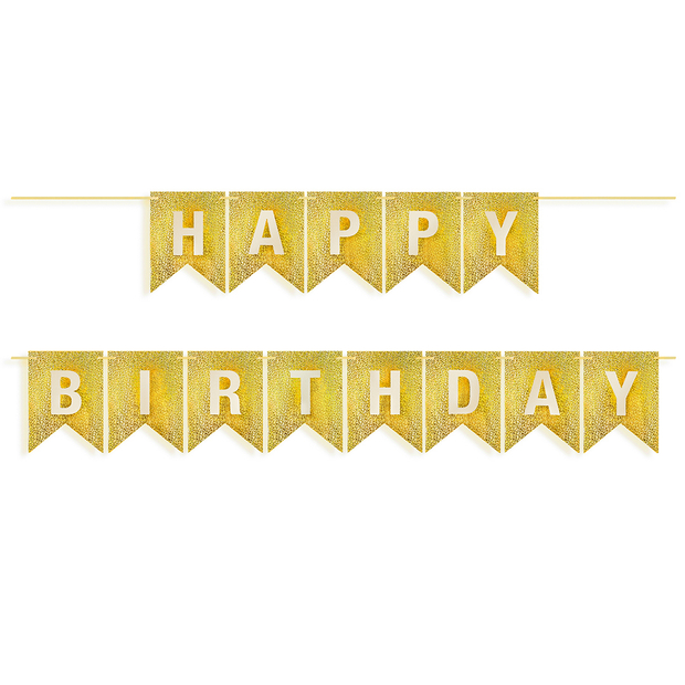 Гирлянда Флажки, Happy Birthday, Золото, Голография, 350 см, 17*12 см