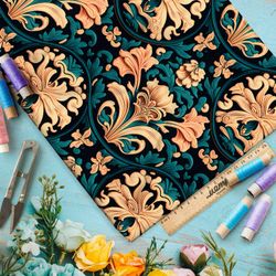 Ткань премиум габардин золотой орнамент на зеленом