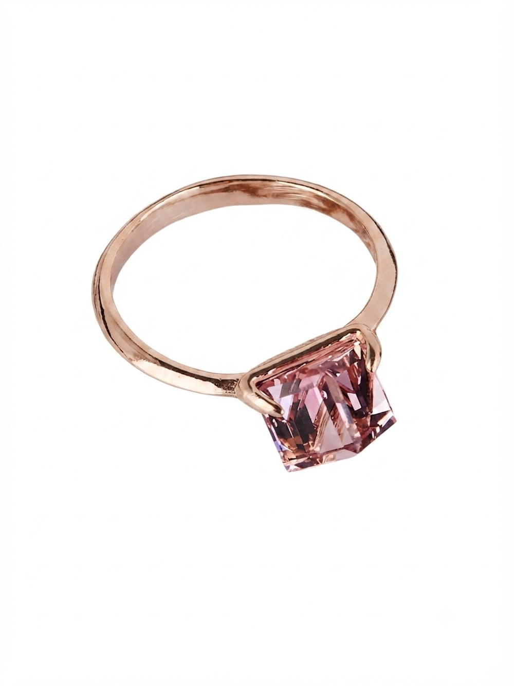 Кольцо Миражи тонкое с розовым кристаллом-кубиком Swarovski