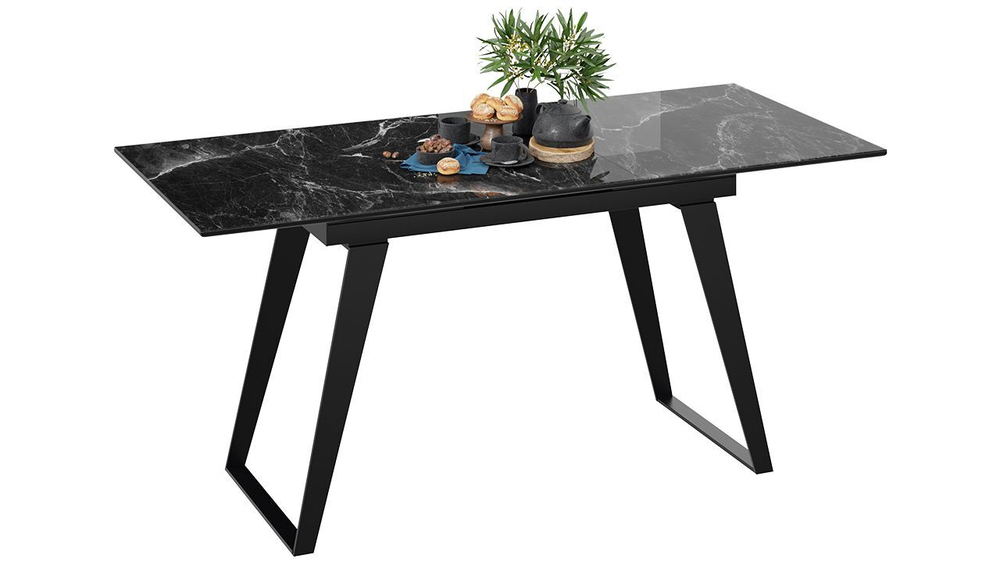 Стол кухонный обеденный раздвижной Черный муар/Стекло глянцевое черный мрамор 140(180)х80х77 см