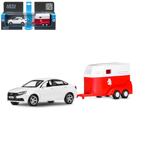 Модель 1:43, LADA VESTA белая + прицеп для лошади, открываются 2 двери, инерция