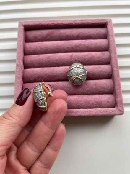 Серьги-клипсы Овальные со стразами 25мм, биколор (уценка)