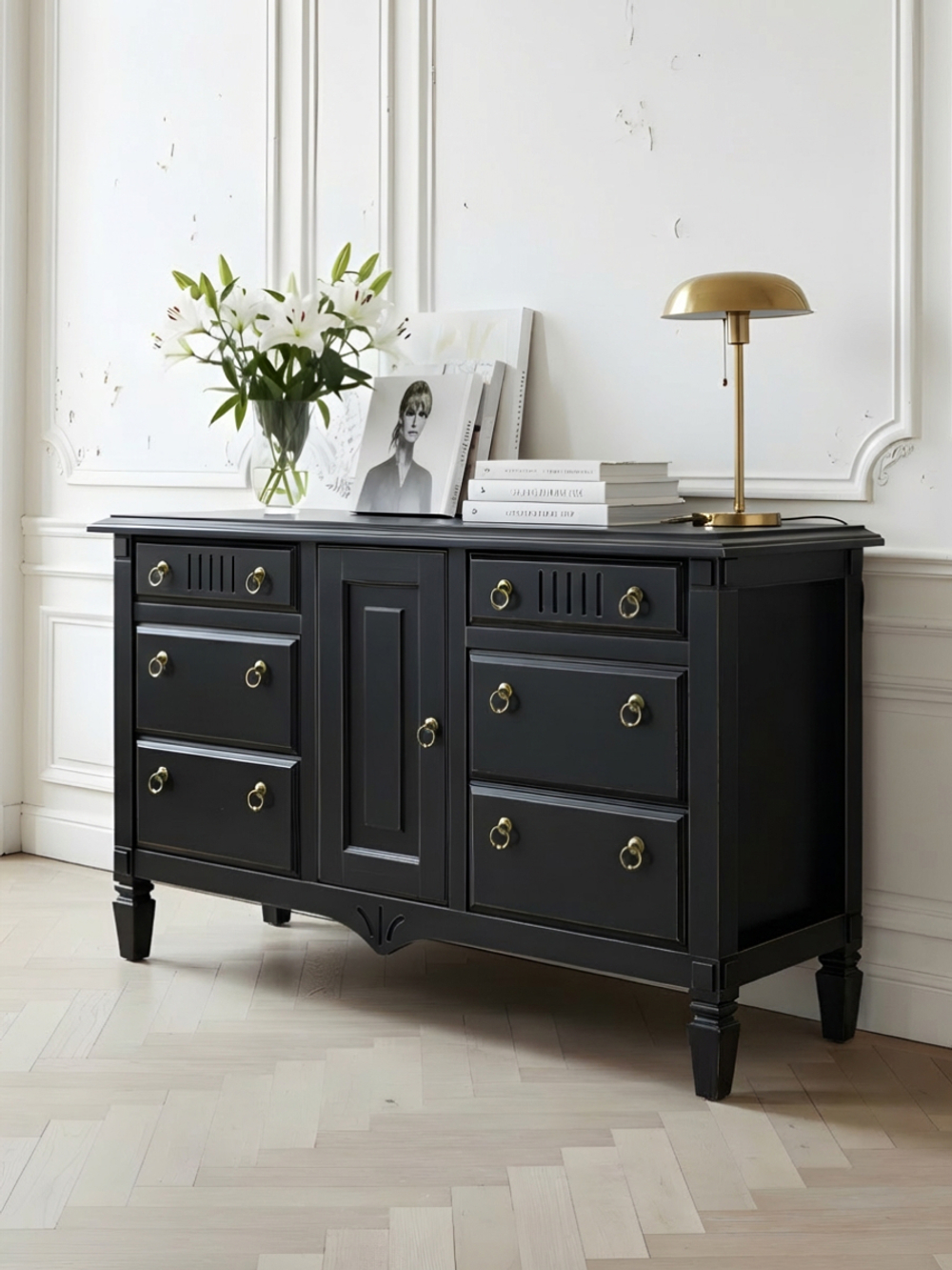 Комод 160х50х94, Джоли, с шестью ящиками для одежды, в спальню, прихожую, гостиную, массив березы, черный, Makosa