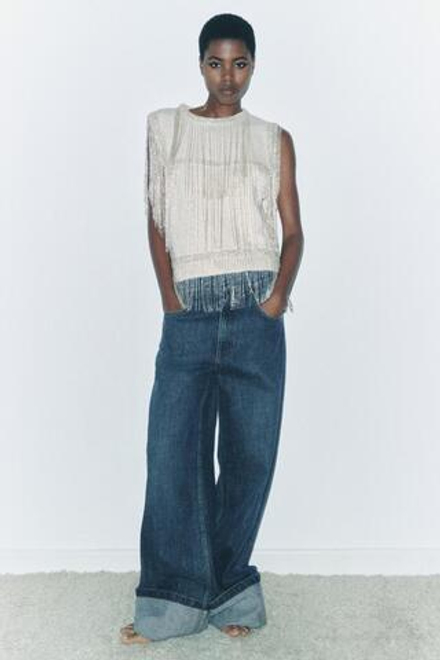 ZARA ТРИКОТАЖНЫЙ ЖИЛЕТ С БАХРОМОЙ И БУСИНАМИ, ЭКРЮ