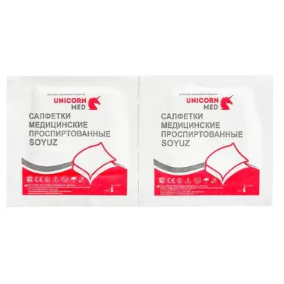Салфетка спиртовая (этиловый спирт) в инд.упаковке, р.30 х 65 мм, №100 Soyuz