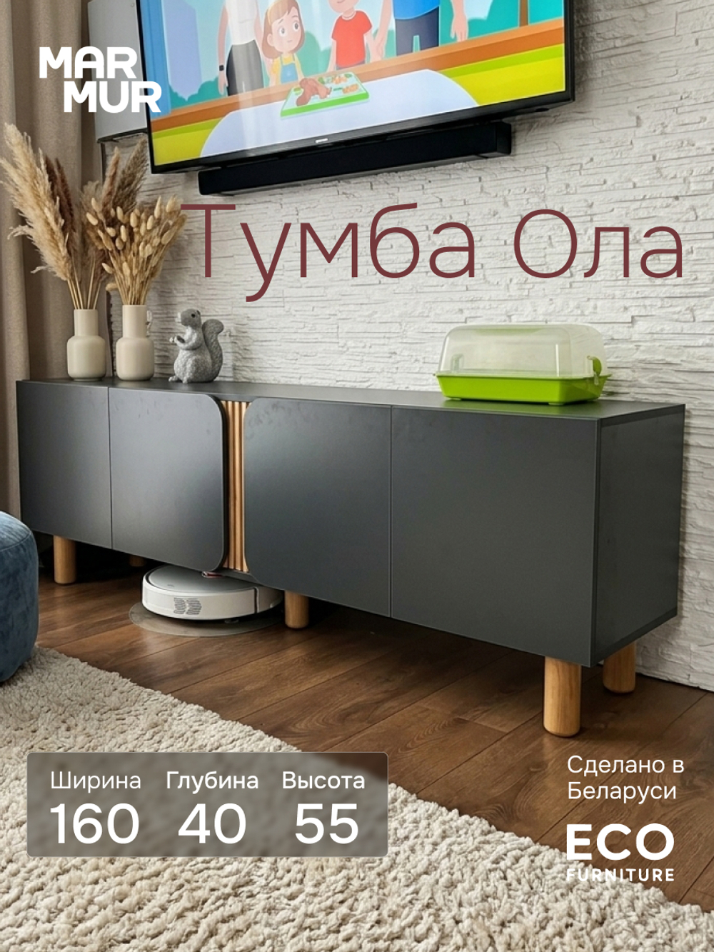 Тумба под телевизор, 160х40х55, Ола, напольная, в прихожую, графит / сосна