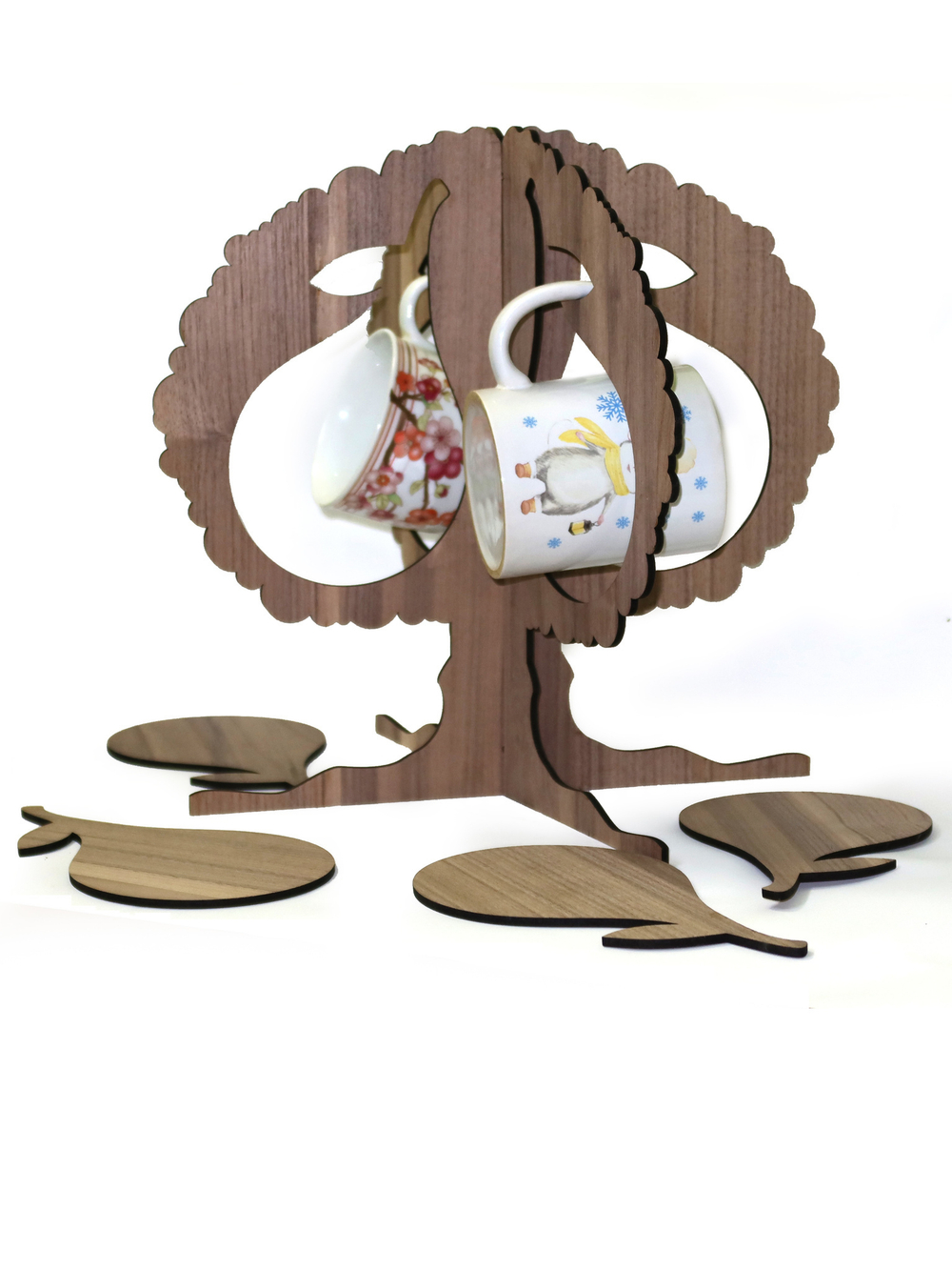 Набор держатель и подставки на 4 чашки, дерево орех Декор для дома, подарок