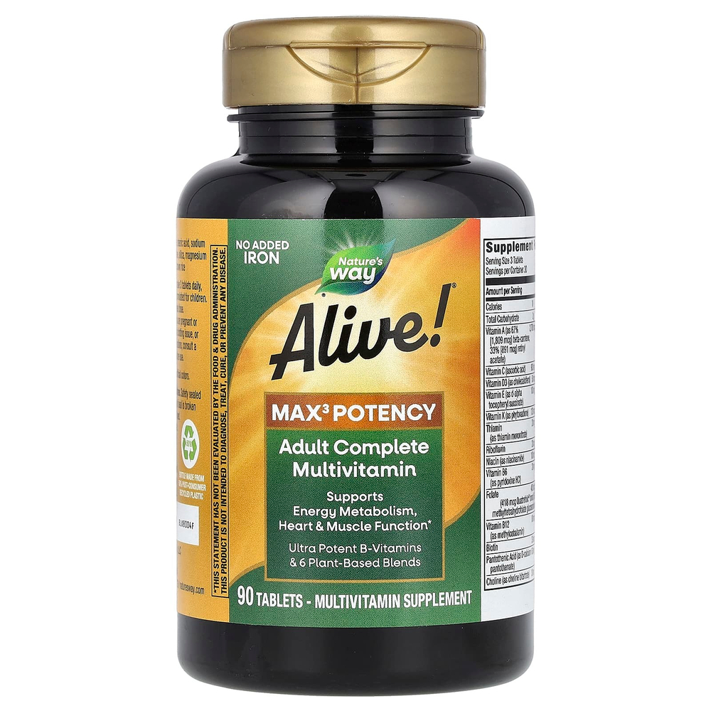 Nature's Way, Alive! Max3 Daily, мультивитаминный комплекс, без добавления железа, 90 таблеток