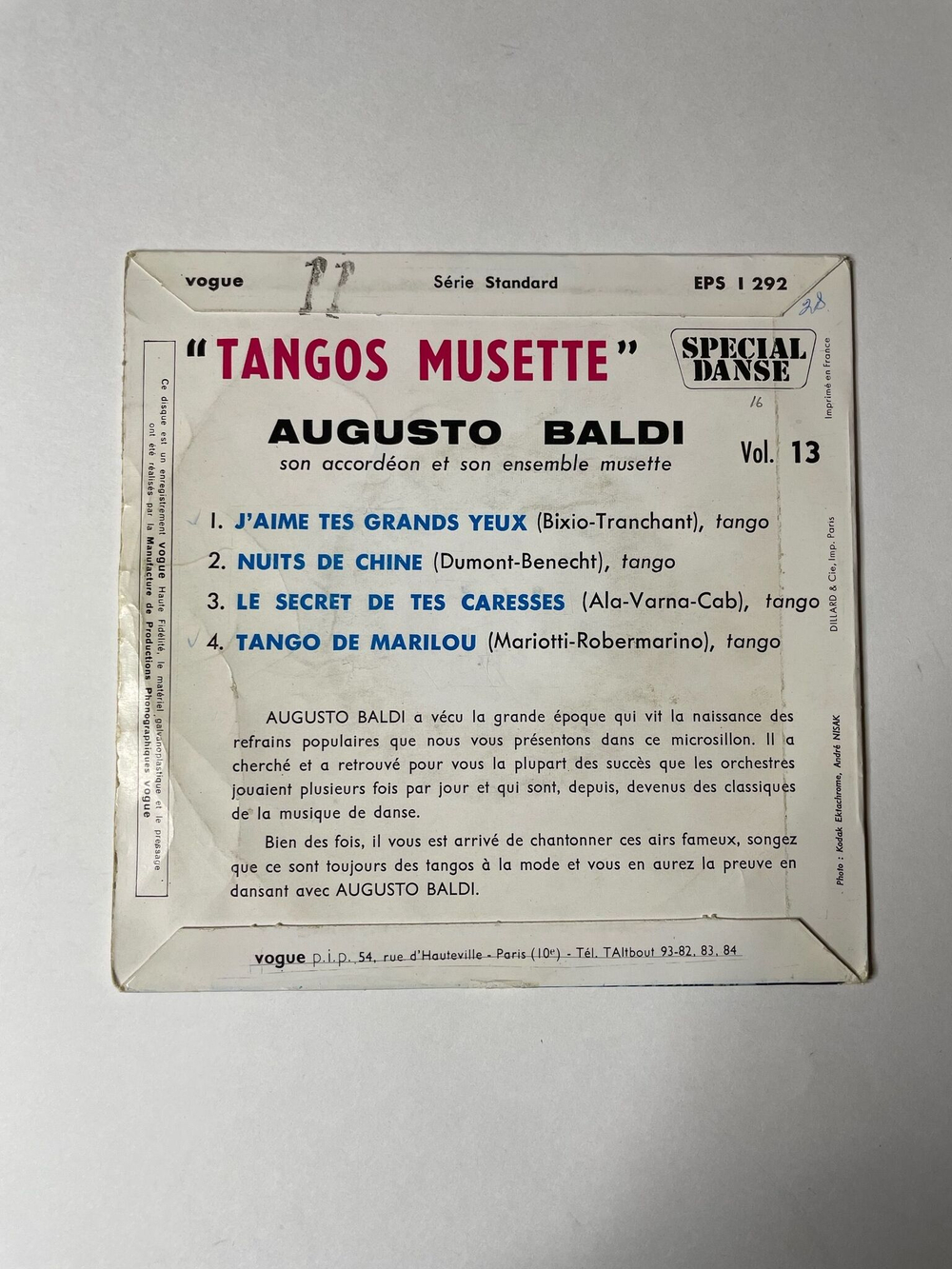 Винтажная виниловая пластинка LP Augusto Baldi Son Accordeon Et Son Ensemble Musette Vol. 13 Tangos Musette (France 1975) 7 дюймов