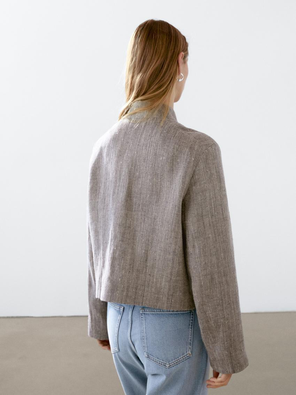 Massimo Dutti Короткая льняная куртка с воротником-стойкой, серый