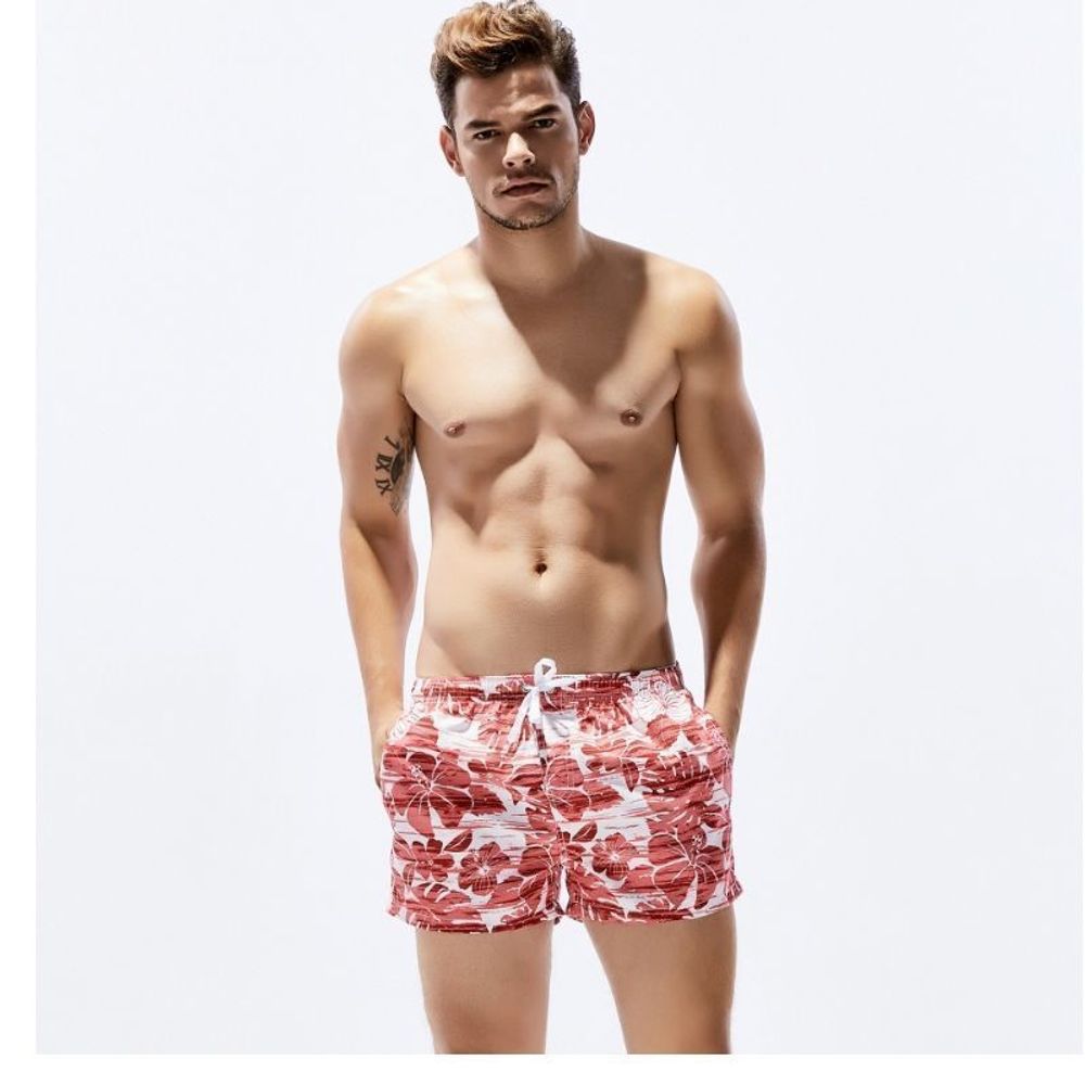 Мужские пляжные шорты белые с красным цветочным принтом SEOBEAN 30241
