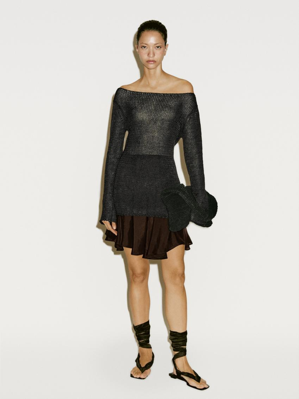 Massimo Dutti Короткая юбка с воланами и струящейся отделкой - Limited Edition, шоколадно-коричневый