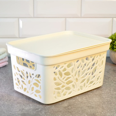 Корзина 5,5л с крышкой "Leaves" 274*197*140мм, молочный