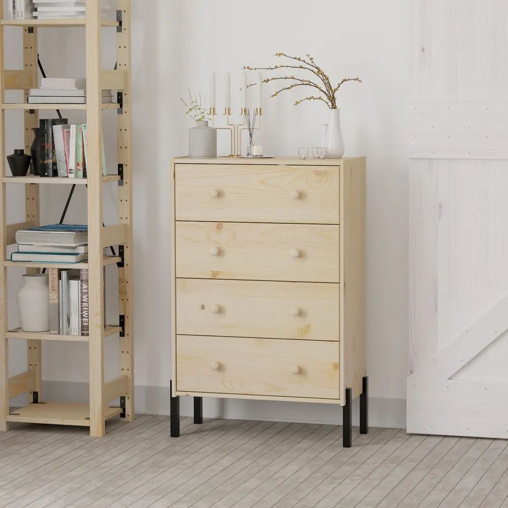 Комод 62х30х98, Раст, c 4 ящиками для одежды, в спальню, детскую, на металлических ножках, массив сосны в натуральной отделке, IKEA