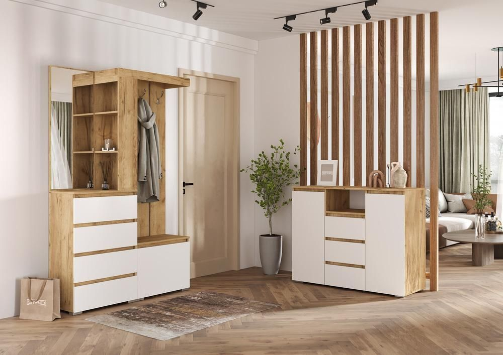 Прихожая с зеркалом комплект мебели Крафт Золотой/Белый Шагрень, Хелен, 126х35,3х198 см МФ Стендмебель