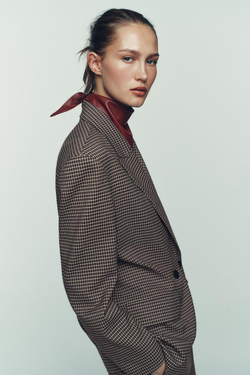 ZARA ДВУБОРТНЫЙ БЛЕЙЗЕР ОВЕРСАЙЗ В КЛЕТКУ, КОРИЧНЕВЫЙ/ЭКРЮ