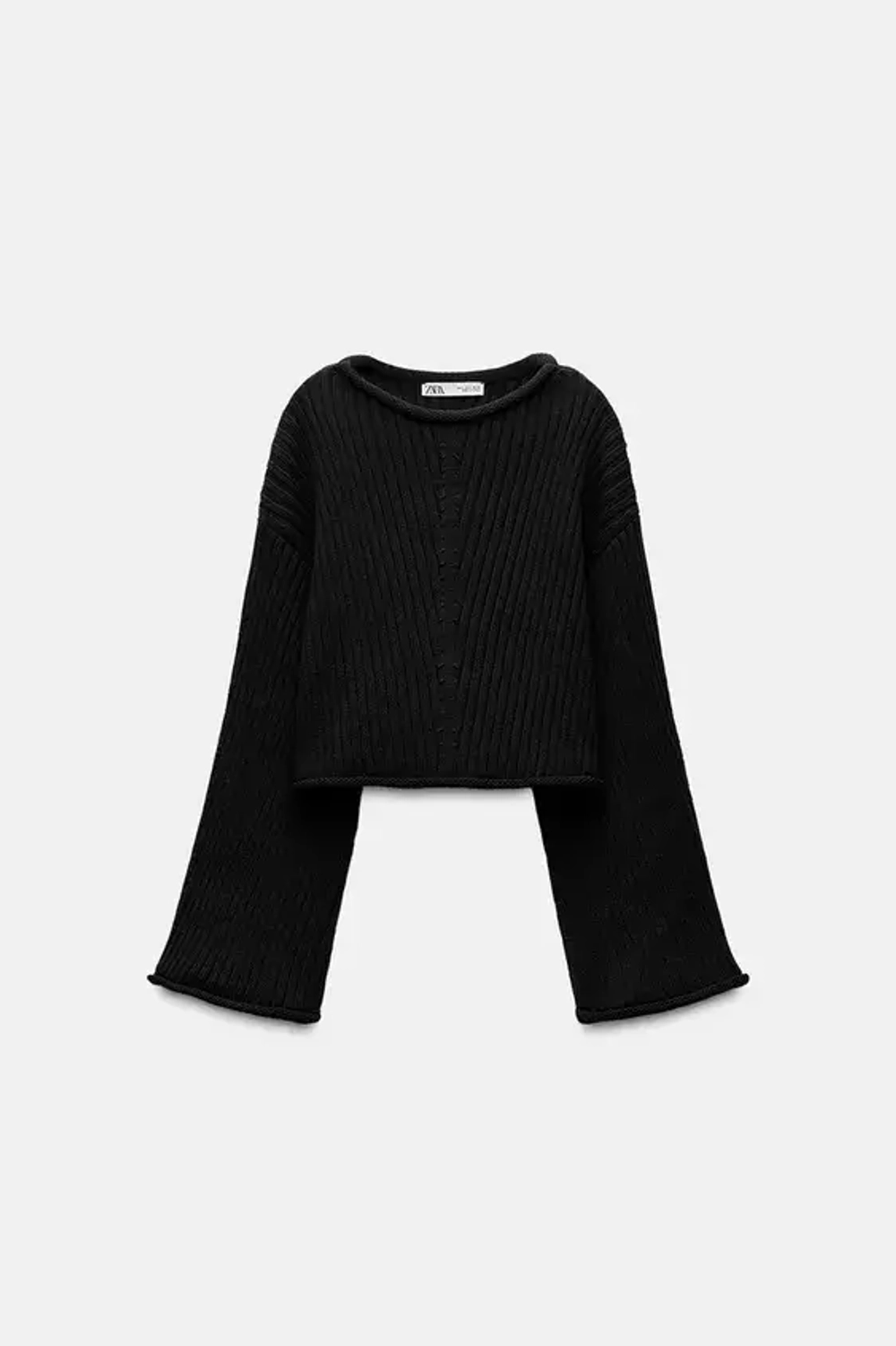 ZARA УКОРОЧЕННЫЙ СВИТЕР ИЗ РИФЛЕНОГО ТРИКОТАЖА, ЧЕРНЫЙ