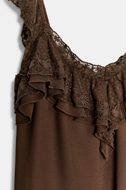 ZARA ТОП С ВЫШИВКОЙ И ВОЛАНАМИ, КОРИЧНЕВЫЙ