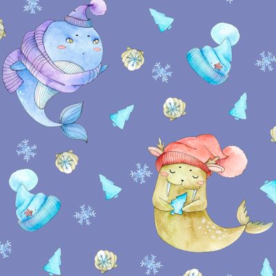 морские зверики на фиолетовом