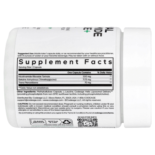 Codeage, липосомальный никотинамид рибозид+, 60 растительных капсул