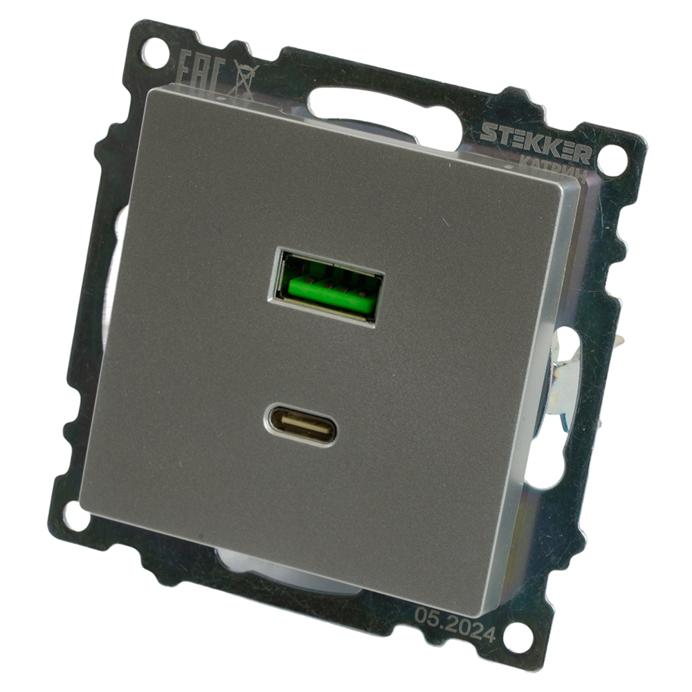 Розетка 2-местная USB + type C (механизм)), STEKKER GLS10-7116-03 , 250B, 3А, max 20W, серия Катрин, серебро 50054