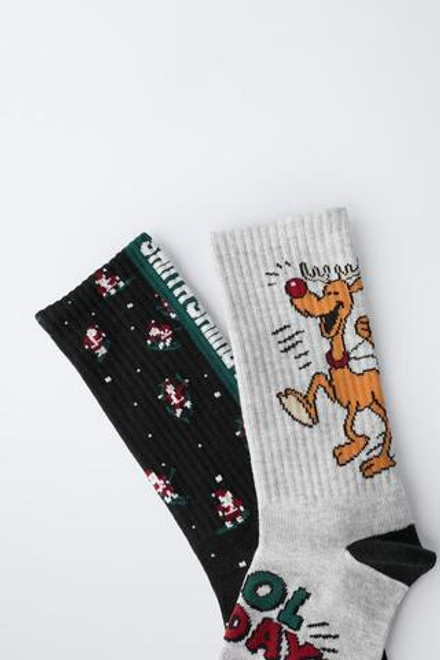 ZARA НАБОР ИЗ ДВУХ ПАР ВЫСОКИХ НОСКОВ «ДЕД МОРОЗ И ОЛЕНЬ», КРАСНЫЙ