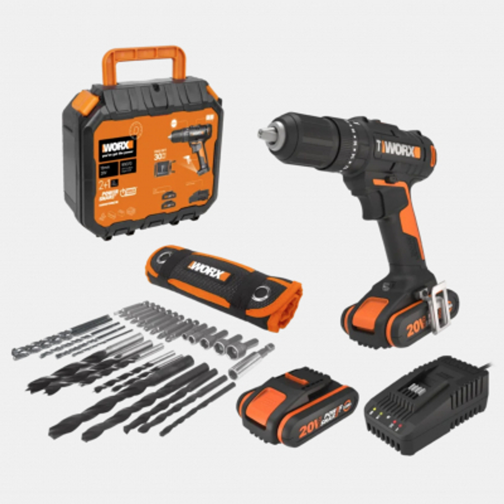 Дрель-шуруповерт ударная аккумуляторная WORX WX370, 50Нм, 20В, 2Ач x1, ЗУ 2А, кейс