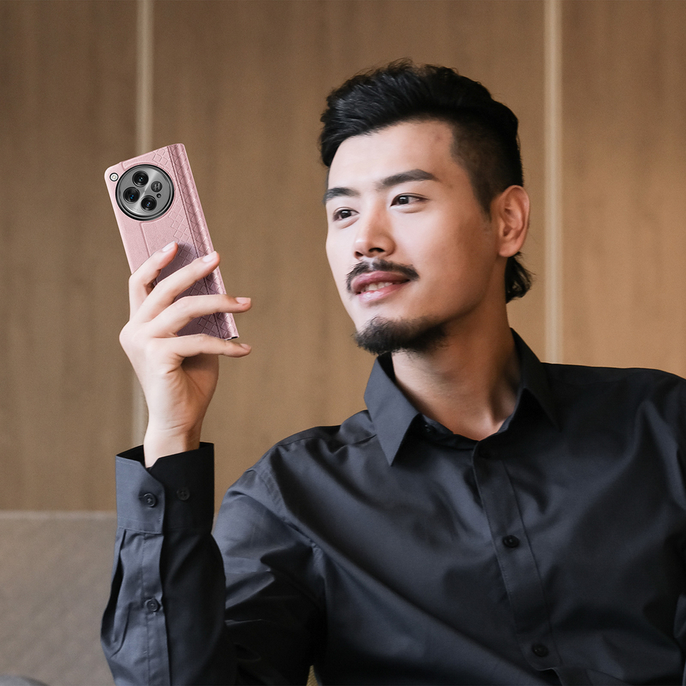 Чехол розового цвета с премиальной искусственной кожи от Dux Ducis для OnePlus Open и OPPO Find N3, серия Bril Series Case