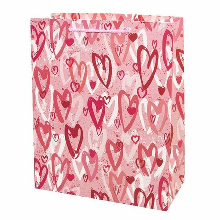 Пакет подарочный, Сердца граффити, Розовый, с блестками, 23*18*10 см, 1 шт.