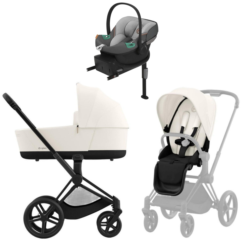 Коляска Cybex Priam IV Matt Black complete Aton S2 Lava Grey Base One 4 в 1 Off White