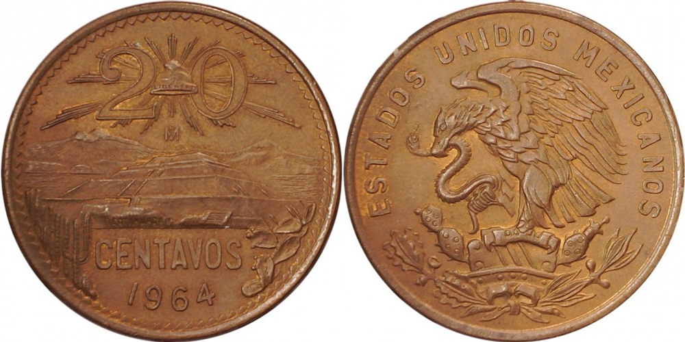 Мексика 20 сентаво, 1955 - 1971 Пирамида Солнца XF