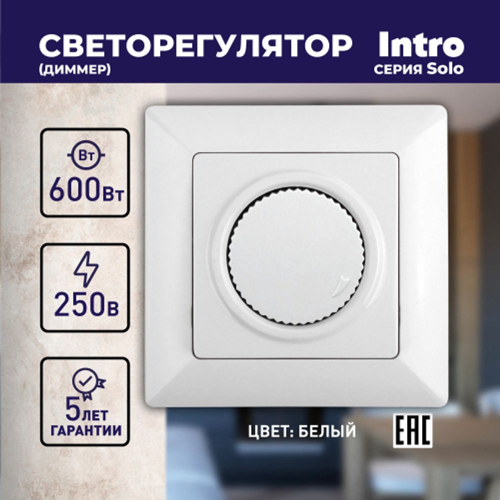 Светорегулятор Intro Solo 4-401-01 поворотный, 600Вт 230В, IP20, СУ, белый