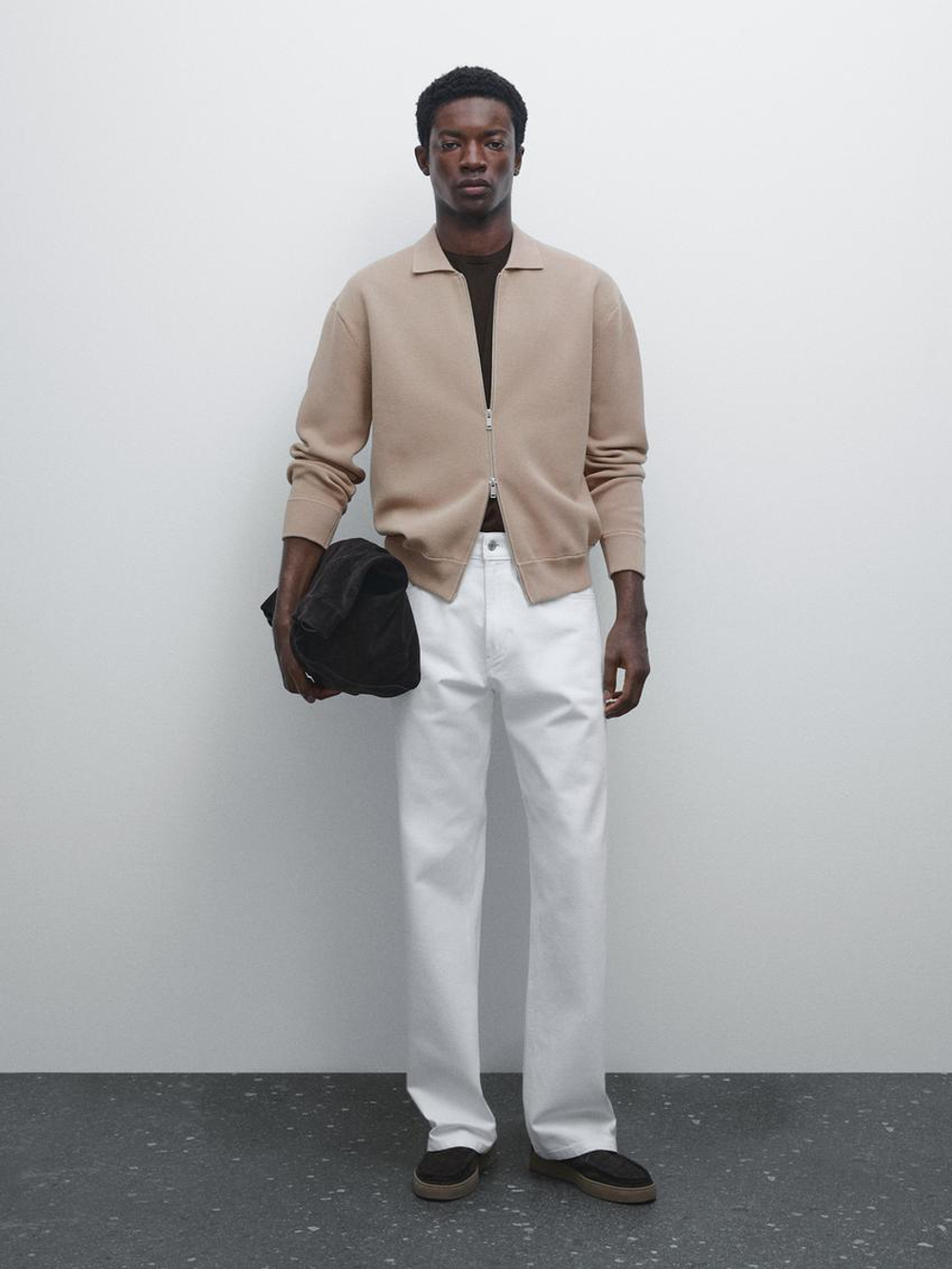 Massimo Dutti Кардиган из смесового хлопка с застежкой-молнией, норка