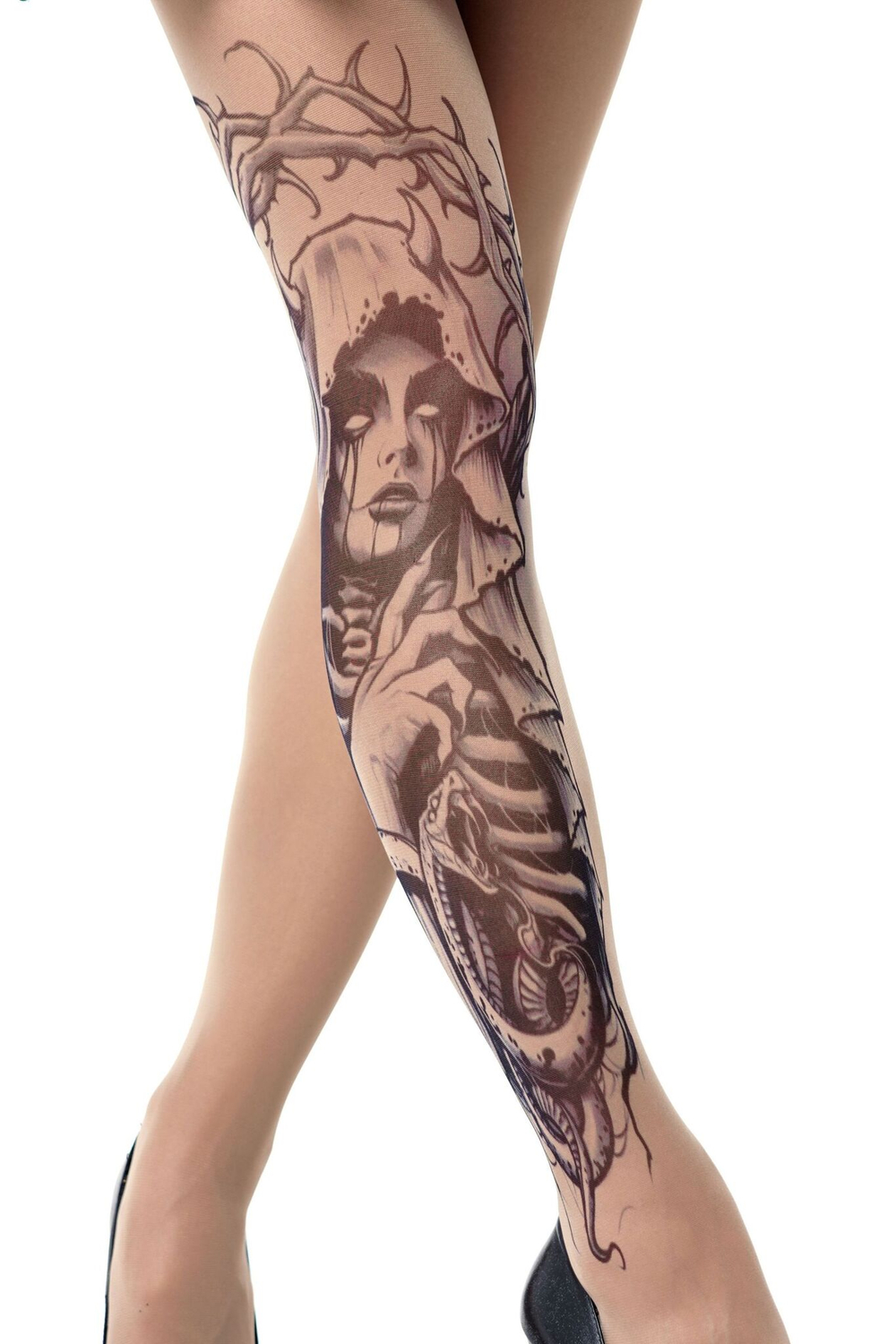 Колготки с принтом в виде демоницы со змеёй (Размер: S-M-L) (Цвет: бежевый)