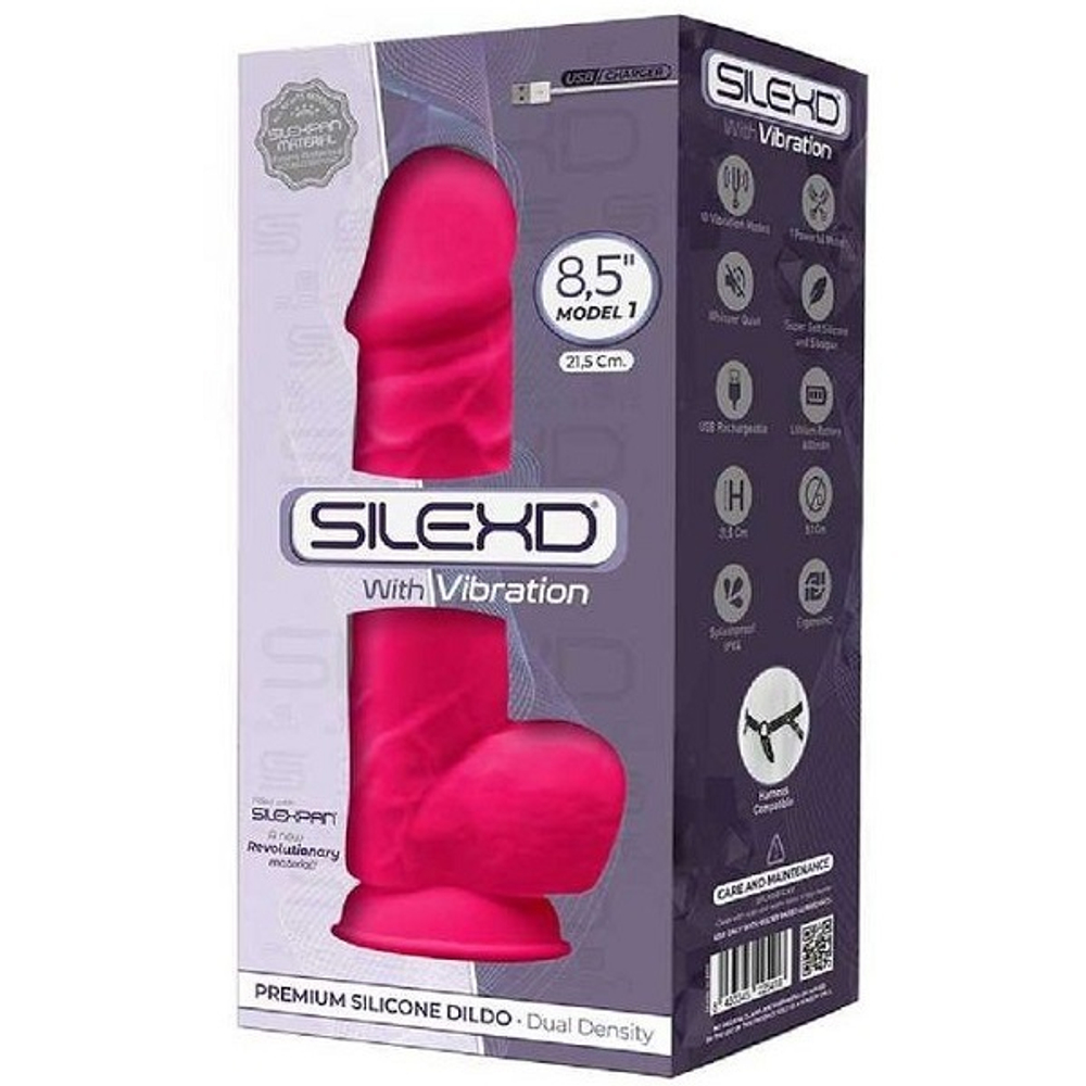 Ярко-розовый вибратор-реалистик 21,5см с мошонкой на присоске SilexD Premium Silicone Vibration 8,5" Model 1