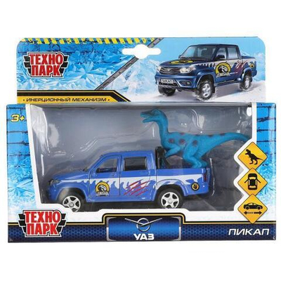 Модель ин. мет. "УАЗ Pickup снежный" 12см.двери, багаж, динозавр, коробка PICKUP-12SNOW-DINO (Технопарк)