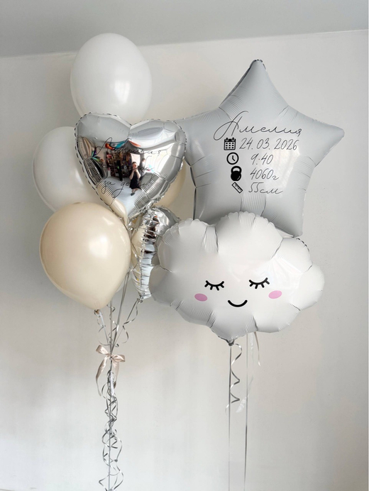 Воздушные гелиевые шарики на выписку из роддома белый/серебро/песок №4972