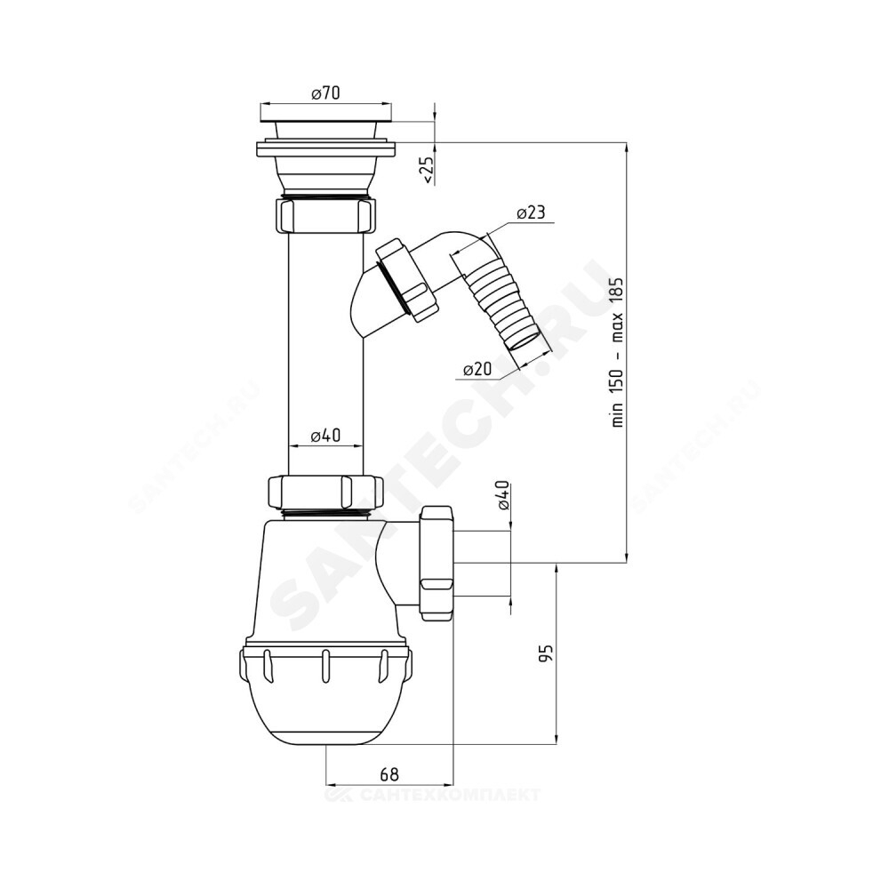 Сифон для кухонной мойки бутылочный 1 1/2"x40 с отводом (штуцером) выпуск с нержавеющей решёткой D=70мм Ани Грот АНИ Пласт A1000