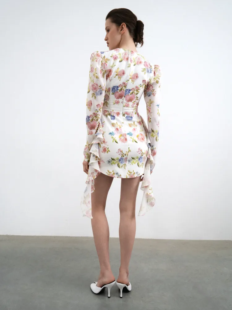 Мэйси мини (Macy mini), платье мини из молочного крепдешина с цветочным принтом