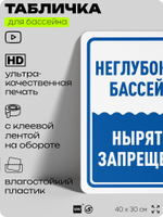 Табличка для бассейна "Неглубокий бассейн, нырять запрещено", на пляж, для общественной и частной зоны отдыха, информационная, 40х30 см, Silver Plane x Айдентика Технолоджи