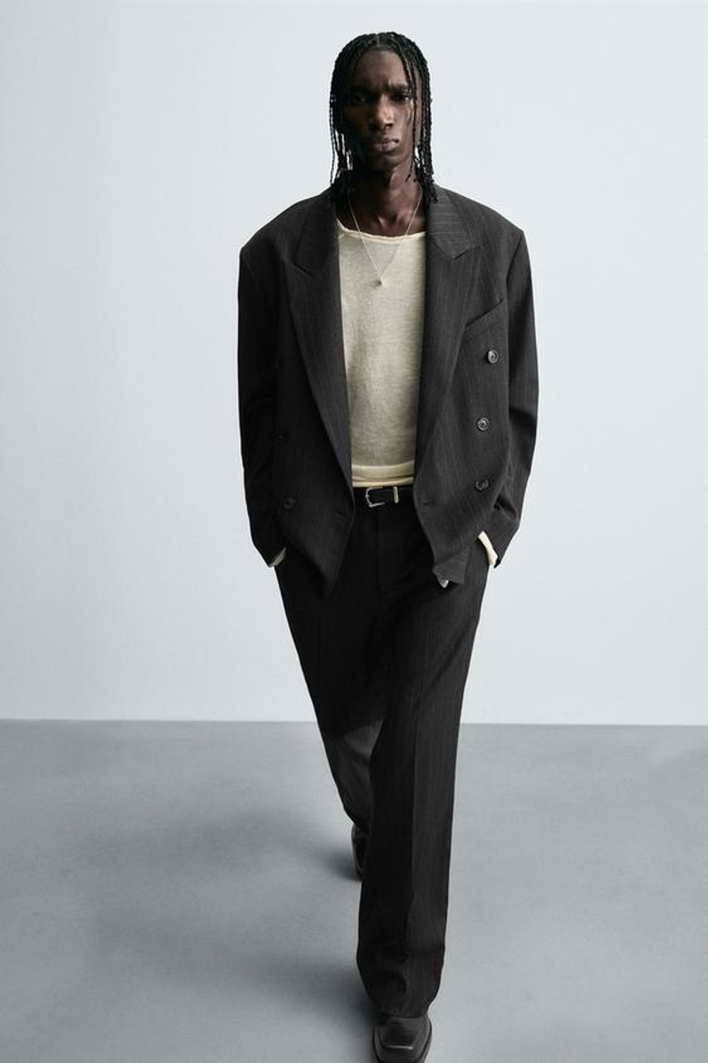 ZARA БРЮКИ В ПОЛОСКУ, ТЕМНО-СЕРЫЙ