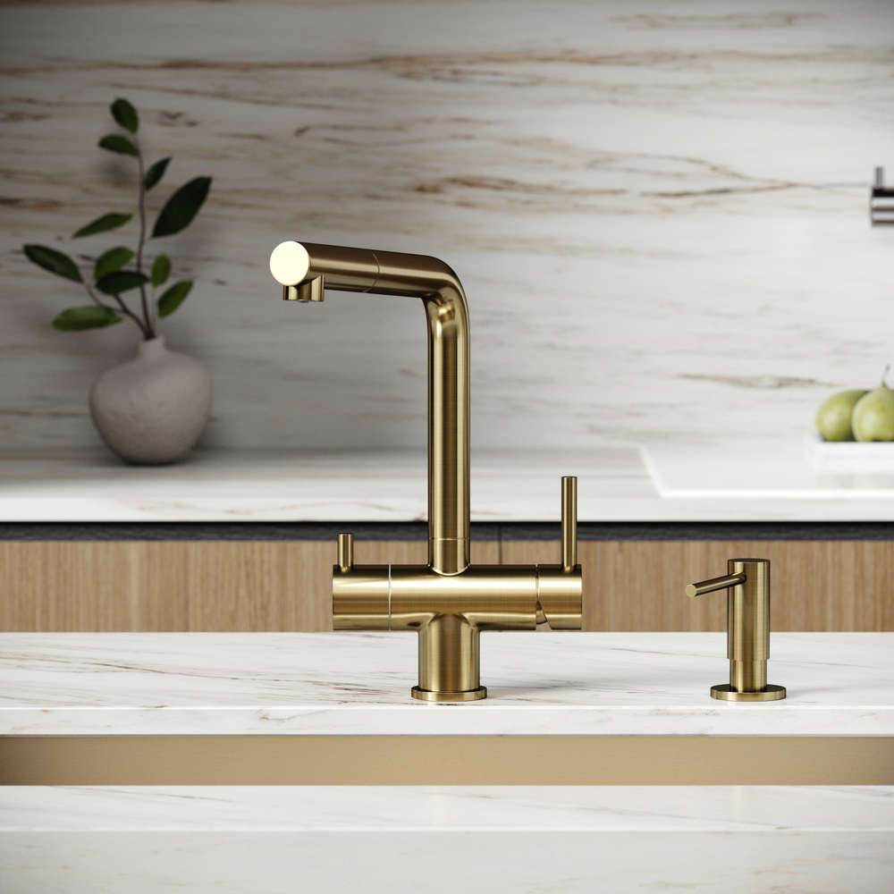 Смеситель для кухни Sancos Spin с вытяжным изливом, краном для фильтра, брашированное золото, SC4015BG