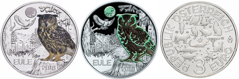 Австрия 3 евро, 2018 Сова