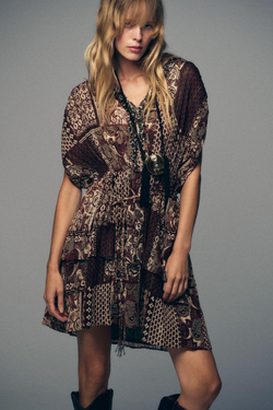 ZARA ПЛАТЬЕ С БУСИНАМИ, ПРИНТОМ И МЕТАЛЛИЗИРОВАННОЙ НИТЬЮ, РАЗНОЦВЕТНЫЙ