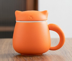 266136 Кружка "Котик" с заварочной колбой, 300мл, h=100мм, оранжевый керамика