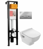 Унитаз подвесной Jacob Delafon STRUKTURA E21754RU-00 безободковый, с крышкой микролифт, с инсталляцией и кнопкой хром