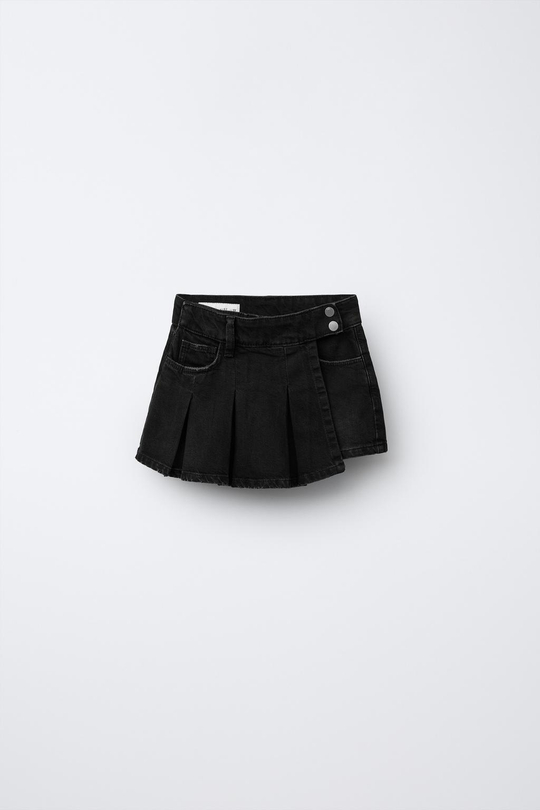ZARA ДЖИНСОВАЯ ЮБКА-ШОРТЫ СО СКЛАДКАМИ, ЧЕРНЫЙ