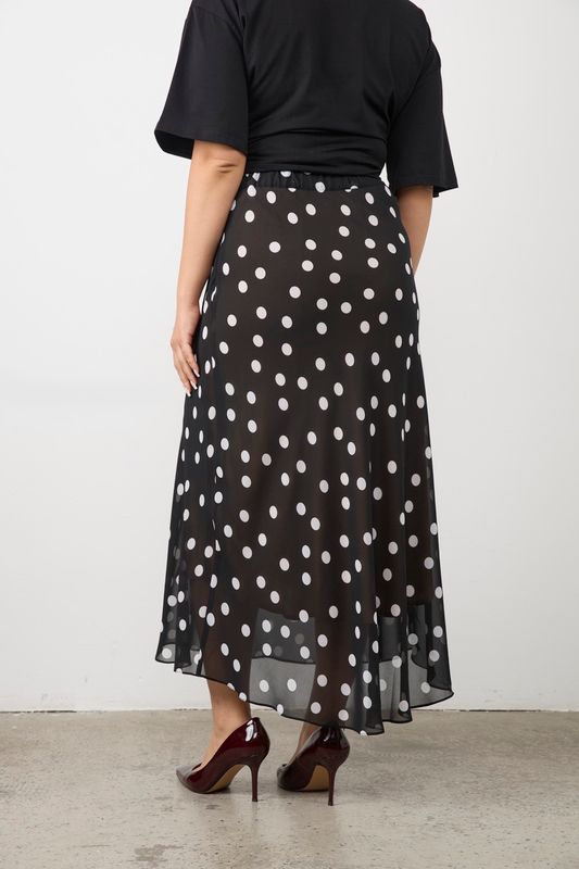 Юбка миди из шифона, черный в белый горох