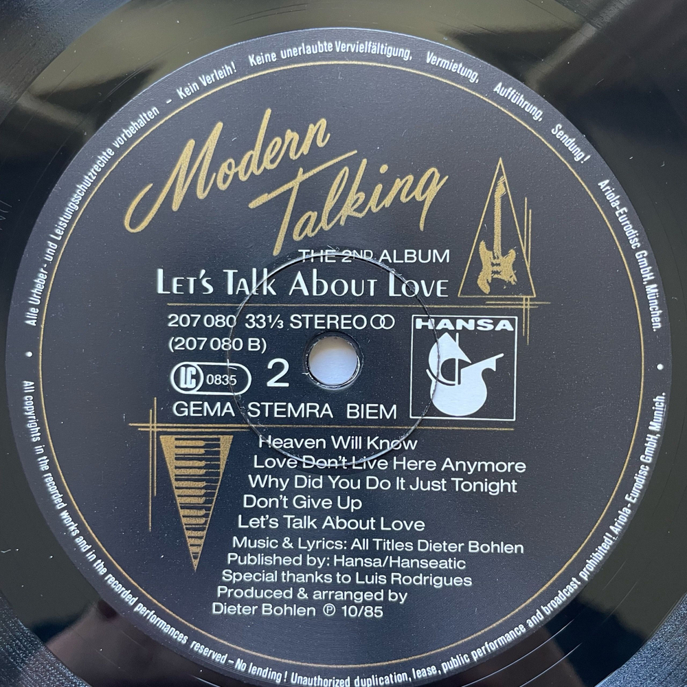 Винтажная виниловая пластинка LP Modern Talking Let's Talk About Love (The 2nd Album) (Германия 1985) Cheri Cheri Lady