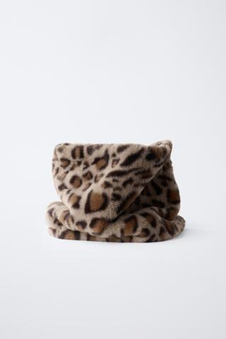 ZARA ВОРОТНИК ИЗ ИСКУССТВЕННОГО МЕХА С АНИМАЛИСТИЧЕСКИМ ПРИНТОМ, КОРИЧНЕВЫЙ